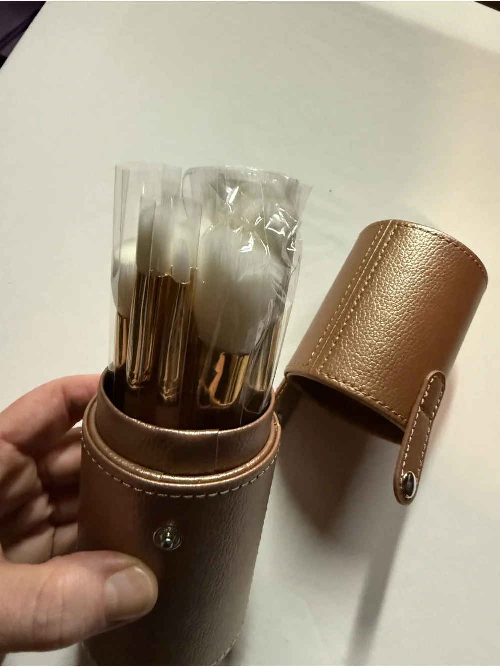 Aa Studio Brown Faux Leather Brush Holder with brushes